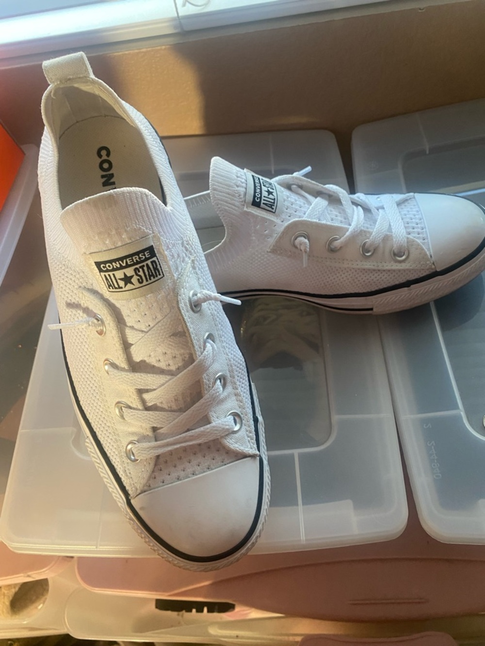 Converse White Low-Top Knit Sneakers with Black Stripe